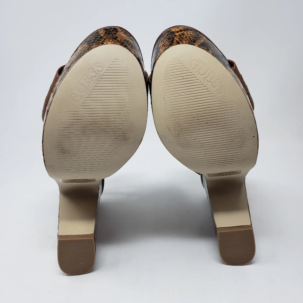 Guess Leather Platform Chunky Heeled Shoes Size 8.5 Brown Tan Heels‎ Ankle Strap